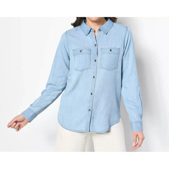 Encore Idina Menzel ~ Shirt Button Front Long Sleeve Denim M Indigo Blue A508782 - Picture 1 of 5
